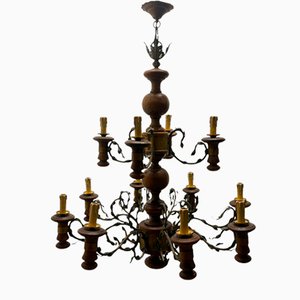 Large Rustic Wooden Chandelier in Wrought Iron, 1960s-JJC-2031318