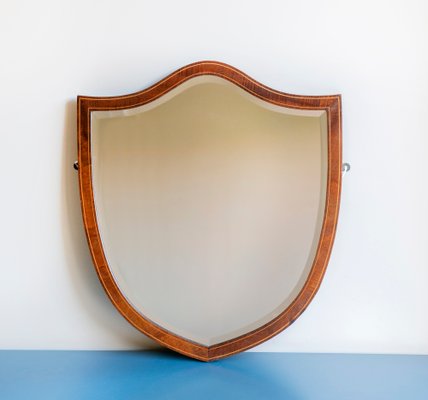 Large Shield Mirror in Mahogany Wooden Frame, Beveled Glass, Dark Brown Mantle Mirror, 1920s-BJS-2026988