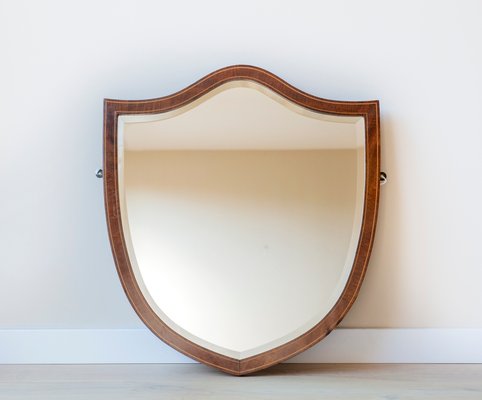 Large Shield Mirror in Mahogany Wooden Frame, Beveled Glass, Dark Brown Mantle Mirror, 1920s-BJS-2026988