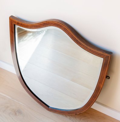 Large Shield Mirror in Mahogany Wooden Frame, Beveled Glass, Dark Brown Mantle Mirror, 1920s-BJS-2026988