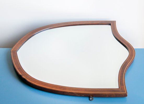 Large Shield Mirror in Mahogany Wooden Frame, Beveled Glass, Dark Brown Mantle Mirror, 1920s-BJS-2026988