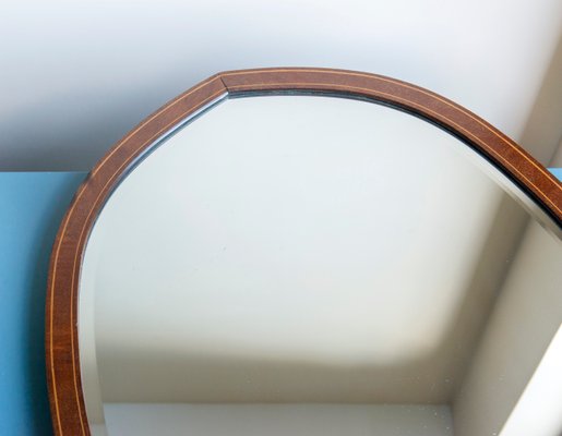 Large Shield Mirror in Mahogany Wooden Frame, Beveled Glass, Dark Brown Mantle Mirror, 1920s-BJS-2026988