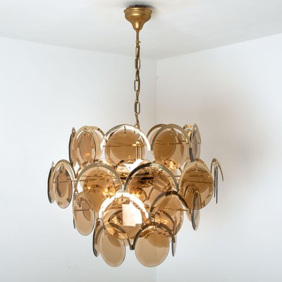 Large Smoked Glass and Brass Chandelier in the Style of Vistosi, Italy-VDW-950155