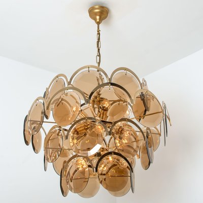 Large Smoked Glass and Brass Chandelier in the Style of Vistosi, Italy-VDW-950155