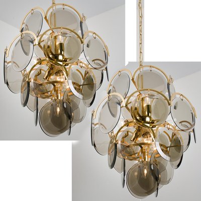 Large Smoked Glass and Brass Chandelier in the Style of Vistosi, Italy-VDW-950155