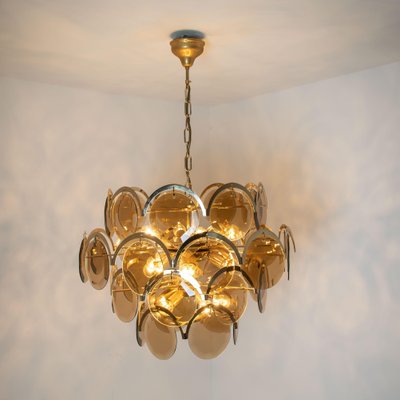 Large Smoked Glass and Brass Chandelier in the Style of Vistosi, Italy-VDW-950155