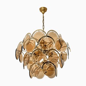 Large Smoked Glass and Brass Chandelier in the Style of Vistosi, Italy-VDW-950155