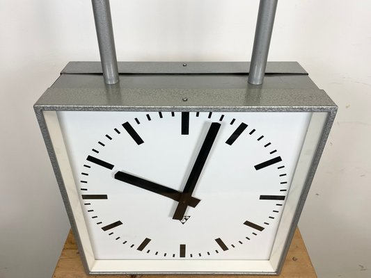 Large Square Industrial Double-Sided Factory Clock from Pragotron, 1960s-CGF-1393515