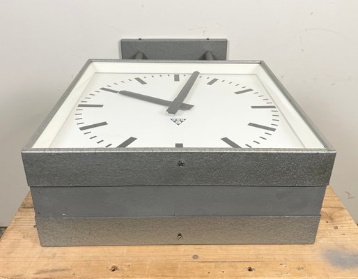 Large Square Industrial Double-Sided Factory Clock from Pragotron, 1960s-CGF-1393515