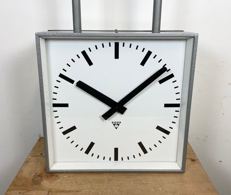 Large Square Industrial Double-Sided Factory Clock from Pragotron, 1960s-CGF-1393515