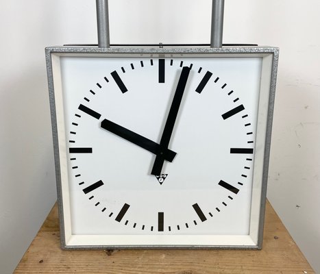 Large Square Industrial Double-Sided Factory Clock from Pragotron, 1960s-CGF-1393515