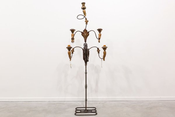 Large Standing Candleholder with 5 Lights in Forged Iron and Wood Carving, 1950s-UJE-630694