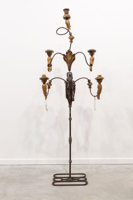 Large Standing Candleholder with 5 Lights in Forged Iron and Wood Carving, 1950s-UJE-630694