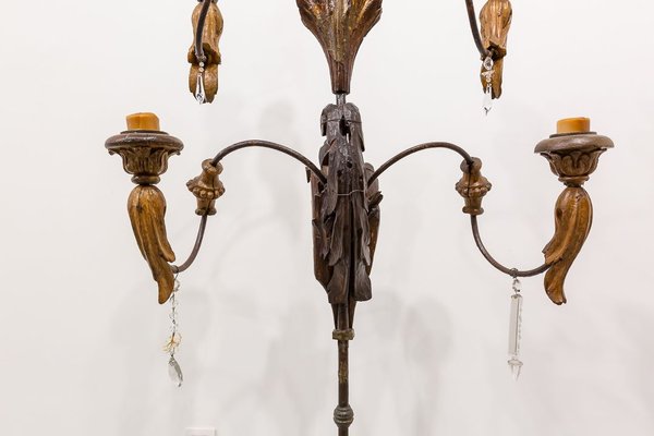 Large Standing Candleholder with 5 Lights in Forged Iron and Wood Carving, 1950s-UJE-630694