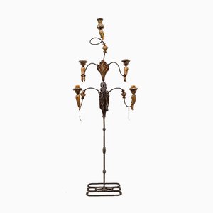 Large Standing Candleholder with 5 Lights in Forged Iron and Wood Carving, 1950s-UJE-630694