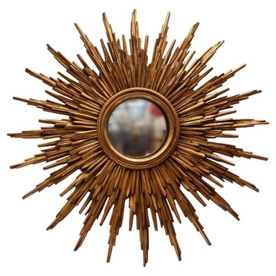 Large Sunburst Wall Mirror in Gold-Plated Wood, 1930s-KL-1565431