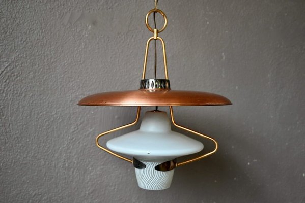 Large Suspension Lantern in Glass and Golden Brass, 1950s-AIU-1798146