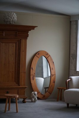 Large Swedish Oval Wall Mirror in Pine from Glasmäster Markaryd, 1960s-MXF-1419290