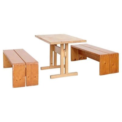 Large Table & Benches for Les Arcs attributed to Charlotte Perriand, 1960s, Set of 3-WM-1394519