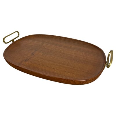 Large Teak Tray Plate Element with Brass Handle attributed to Carl Auböck, Austria, 1950s-QZ-1772929