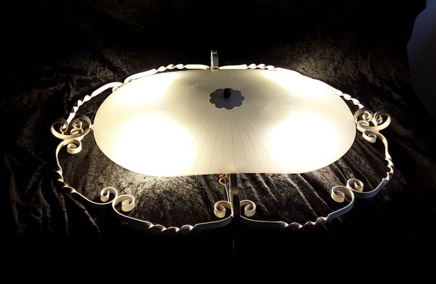 Large Vintage Ceiling Lamp with Cream Painted Wrought Iron Mount, Oval Glass Bowl, 4 Lights and Brass Ball Finial, 1960s-HOI-980459