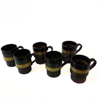 Large Vintage Coffee Mugs in Brown, Green and Yellow from Laholm, Sweden, Set of 6-JKV-1787143