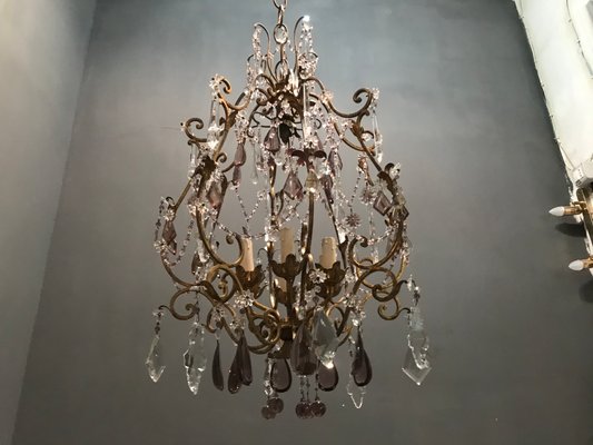 Large Vintage Crystal Beaded Chandelier with Murano Glass Drops-JJC-713551