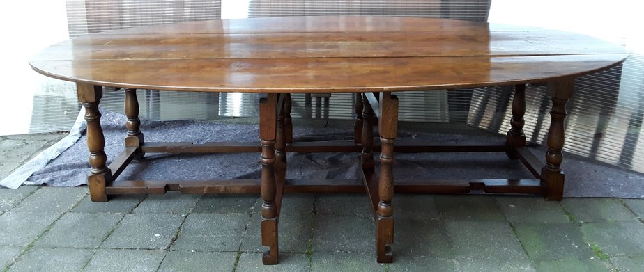 Large Vintage English Folding Dining Table with Gate Gender in Solid Oak, 1930s-HOI-1054255