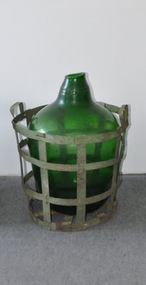 Large Vintage Glass Bottle with Metal Basket-OXJ-1703845