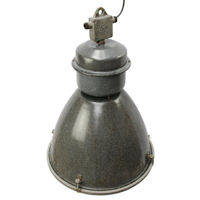 Large Vintage Industrial Gray Enamel and Glass Pendant Lamp-BLS-1769131