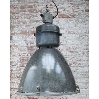 Large Vintage Industrial Gray Enamel and Glass Pendant Lamp-BLS-1769131