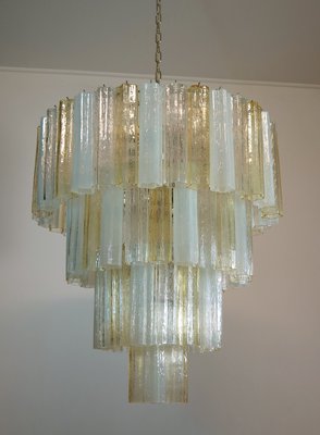 Large Vintage Italian Chrome and Opaline, Amber, and Clear Murano Glass Chandelier, 1980s-FHZ-595793