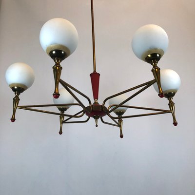 Large Vintage Italian Red and Gold Chandelier from Stilnovo, 1950s-OT-849660