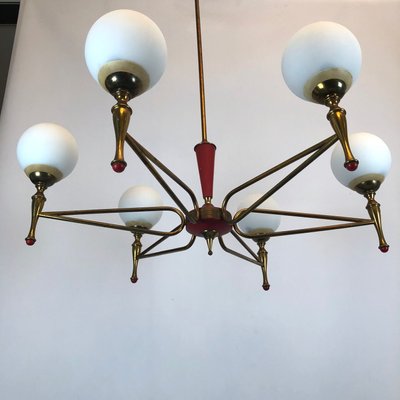 Large Vintage Italian Red and Gold Chandelier from Stilnovo, 1950s-OT-849660