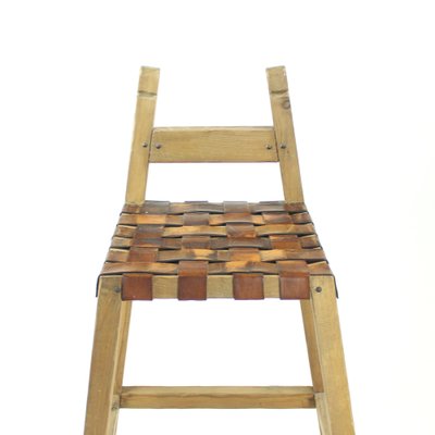 Large Vintage Wood and Leather Bar Stool, 1950s-UL-548884