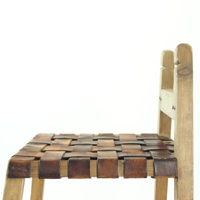 Large Vintage Wood and Leather Bar Stool, 1950s-UL-548884