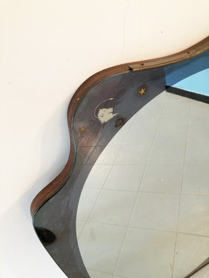 Large Wavy-Shaped Mirror with Zodiac Symbols Sandblasted in the Corners, 1960s-GGK-1100604