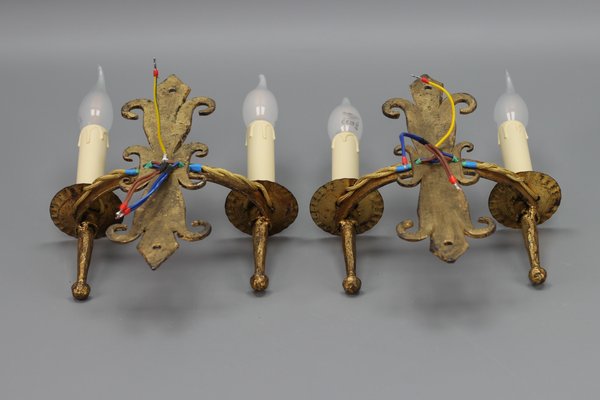 Late 19th Century French Gilt Wrought Iron Sconces, 1890s, Set of 2-KEG-1395398