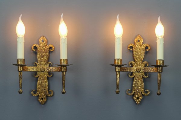 Late 19th Century French Gilt Wrought Iron Sconces, 1890s, Set of 2-KEG-1395398