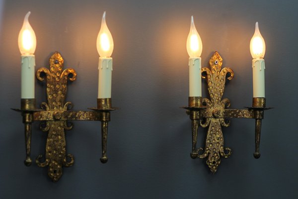 Late 19th Century French Gilt Wrought Iron Sconces, 1890s, Set of 2-KEG-1395398