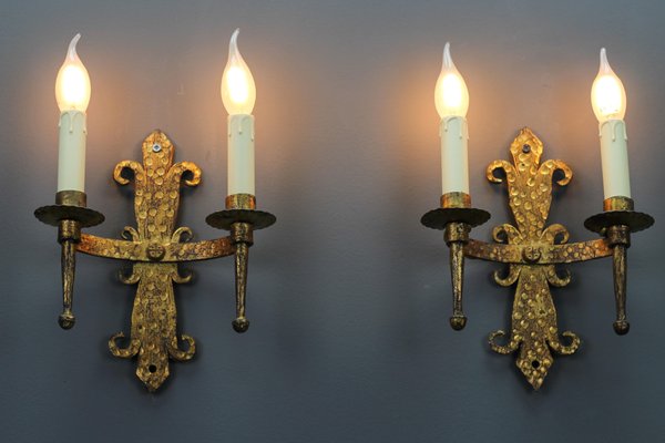 Late 19th Century French Gilt Wrought Iron Sconces, 1890s, Set of 2-KEG-1395398