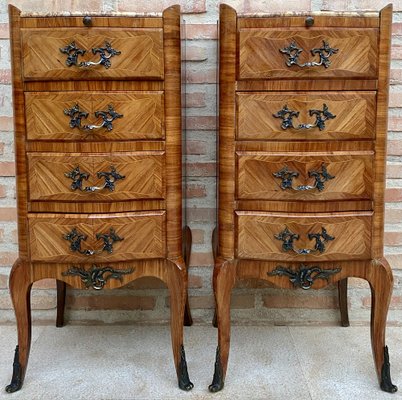 Late 19th Century French Louis XV Style Marquetry & Marble Chests of Drawers, Set of 2-NOU-1245312