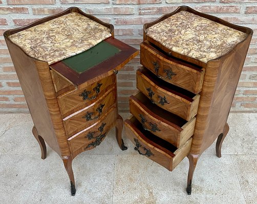 Late 19th Century French Louis XV Style Marquetry & Marble Chests of Drawers, Set of 2-NOU-1245312