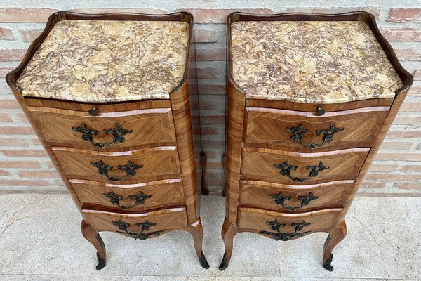 Late 19th Century French Louis XV Style Marquetry & Marble Chests of Drawers, Set of 2-NOU-1245312