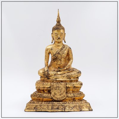 Late 19th Century Thai Gilt Bronze Seated Earth Touching Buddha Figure-NYF-2019215