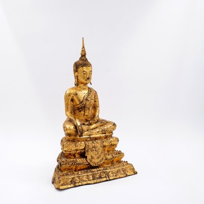 Late 19th Century Thai Gilt Bronze Seated Earth Touching Buddha Figure-NYF-2019215