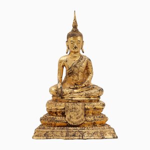 Late 19th Century Thai Gilt Bronze Seated Earth Touching Buddha Figure-NYF-2019215