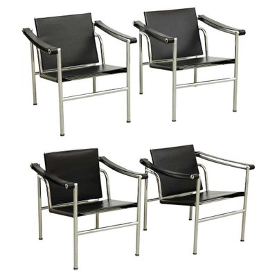 LC1 Black Leather Armchairs b Pierre Jeanneret Charlotte Perriand attributed to Le Corbusier, 1970s, Set of 4-WM-1388252