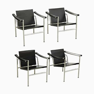 LC1 Black Leather Armchairs b Pierre Jeanneret Charlotte Perriand attributed to Le Corbusier, 1970s, Set of 4-WM-1388252