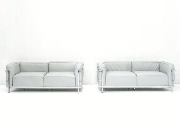 LC3 Sofas in Grey Leather and Chrome by Le Corbusier, Pierre Jeanneret and Charlotte Perriand for Cassina, 1990s, Set of 2-SES-1775433